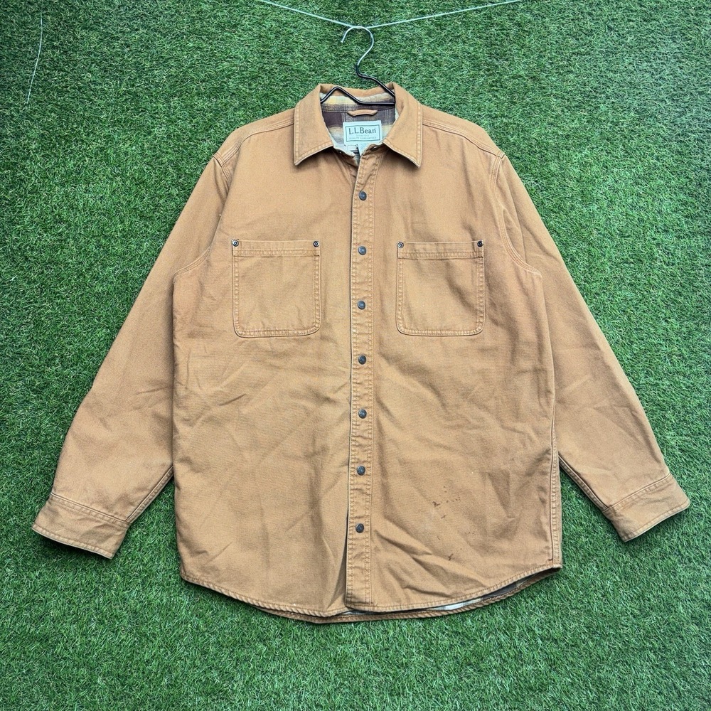 LL Bean Flannel Lined Hurricane Shirt Mens Medium Khaki Tan Cotton Workwear